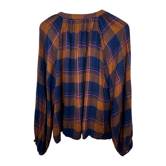 Evereve Plaid Button Front Blouse Womens Large Blue Orange Rayon Long Sleeve - Picture 8 of 10